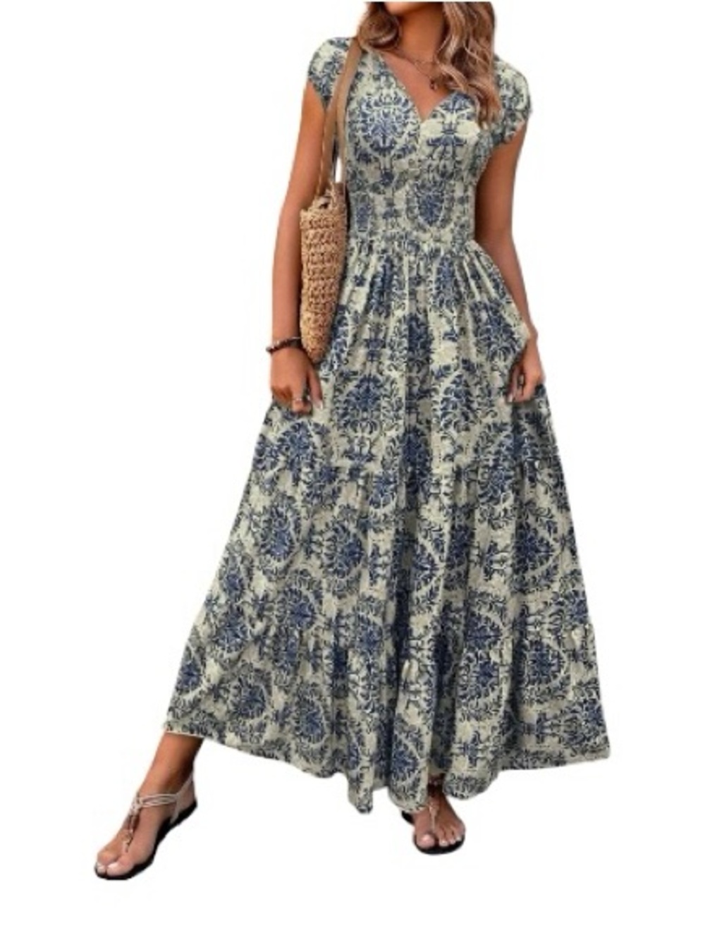 Boho Printed Cap Sleeve Maxi Dress Blue Floral V Neck Maxi Dress Cottagecore